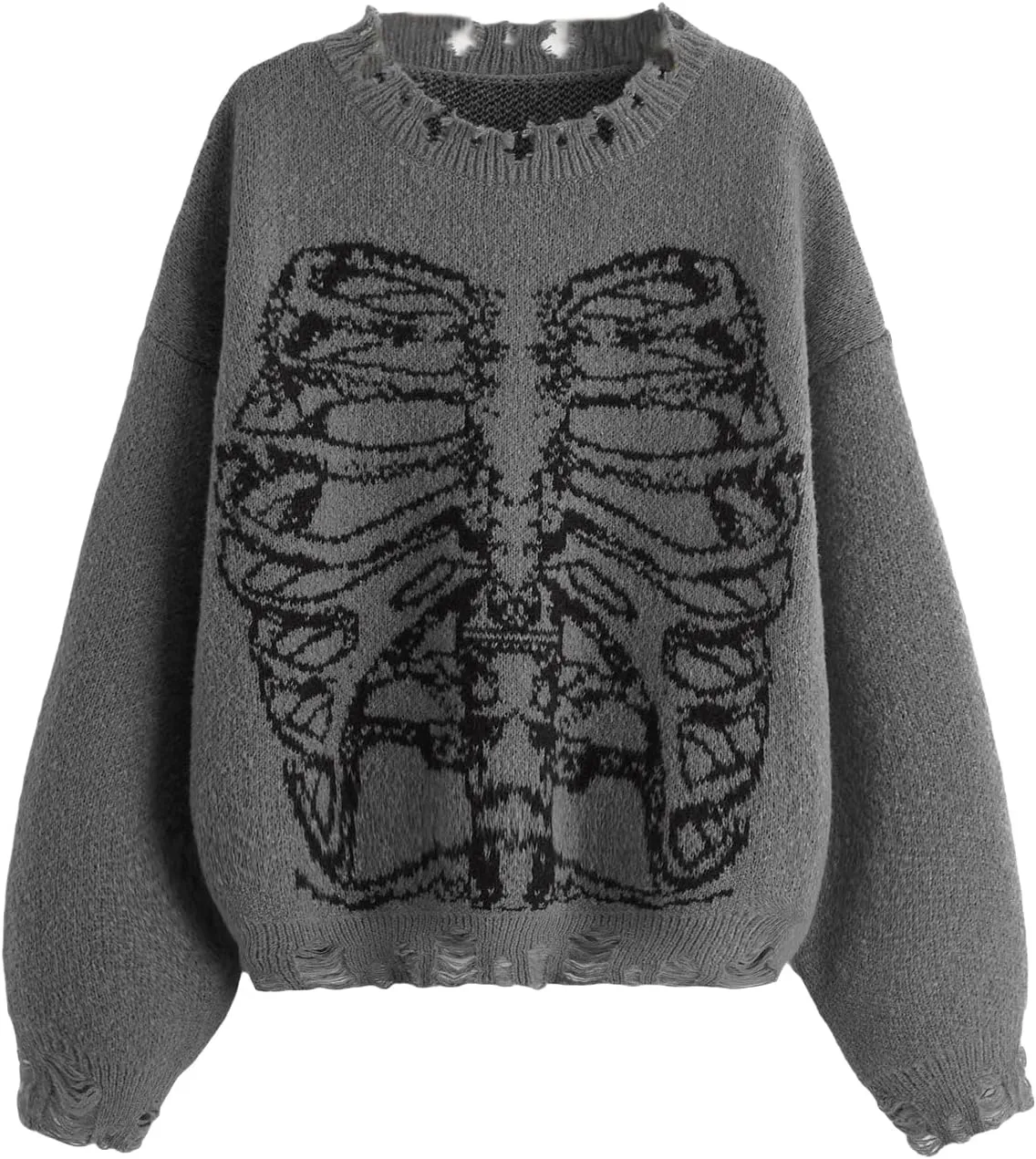 SHENHE Women's Oversized Skeleton Pattern Ripped Round Neck Sweater Pullover