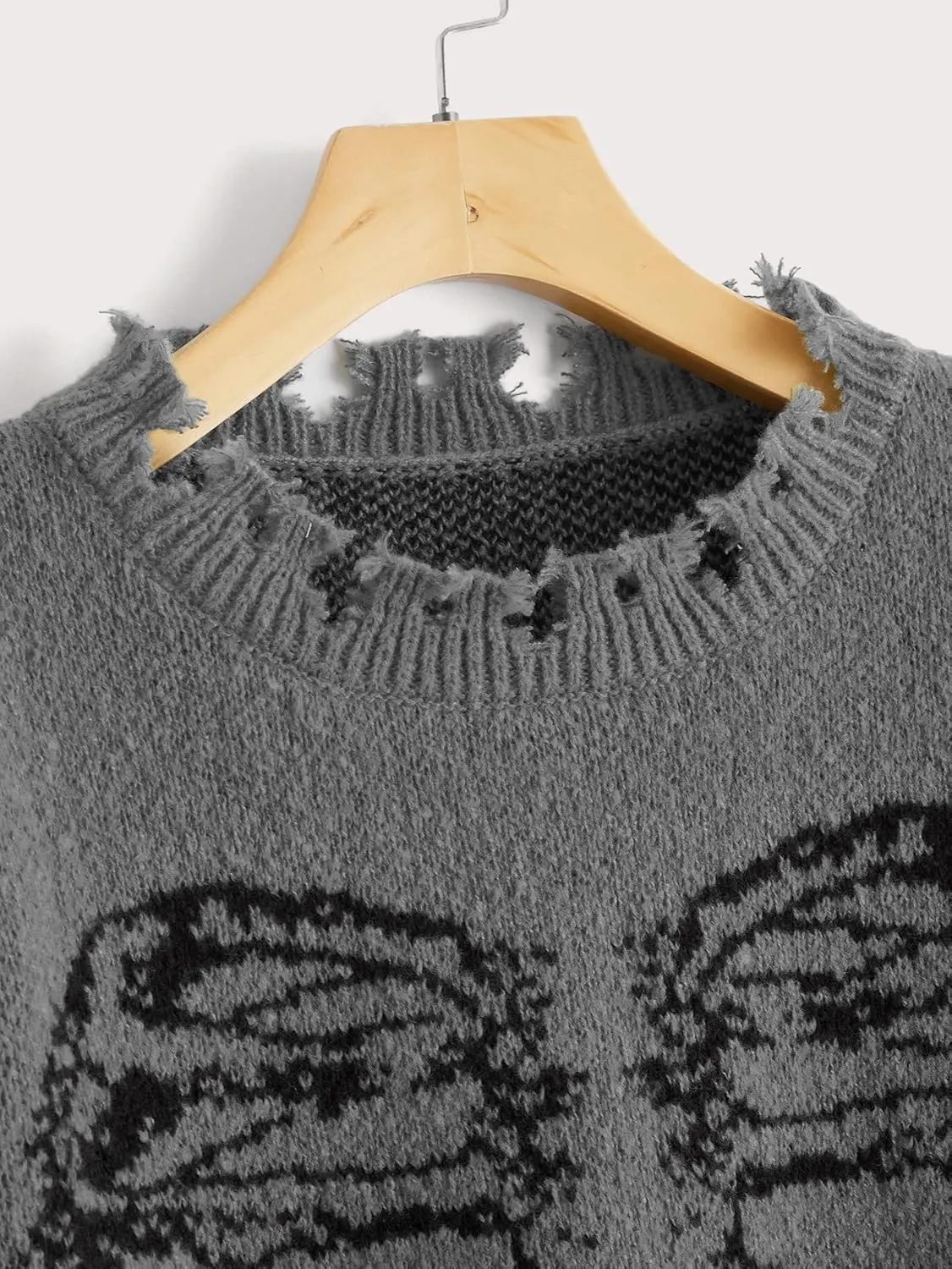 SHENHE Women's Oversized Skeleton Pattern Ripped Round Neck Sweater Pullover