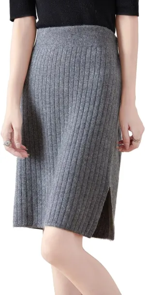 Short Skirt Women's Fall Winter 100% Merino Wool Knitted Skirt Girl's Ribbed Elastic Waist Split Skirts