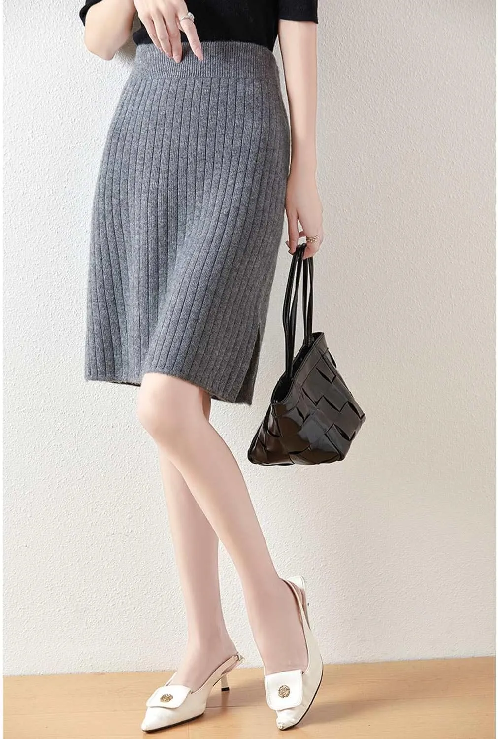 Short Skirt Women's Fall Winter 100% Merino Wool Knitted Skirt Girl's Ribbed Elastic Waist Split Skirts