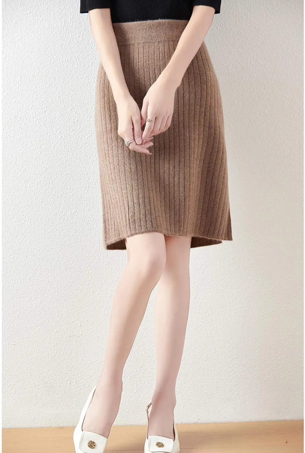 Short Skirt Women's Fall Winter 100% Merino Wool Knitted Skirt Girl's Ribbed Elastic Waist Split Skirts