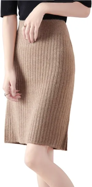 Short Skirt Women's Fall Winter 100% Merino Wool Knitted Skirt Girl's Ribbed Elastic Waist Split Skirts