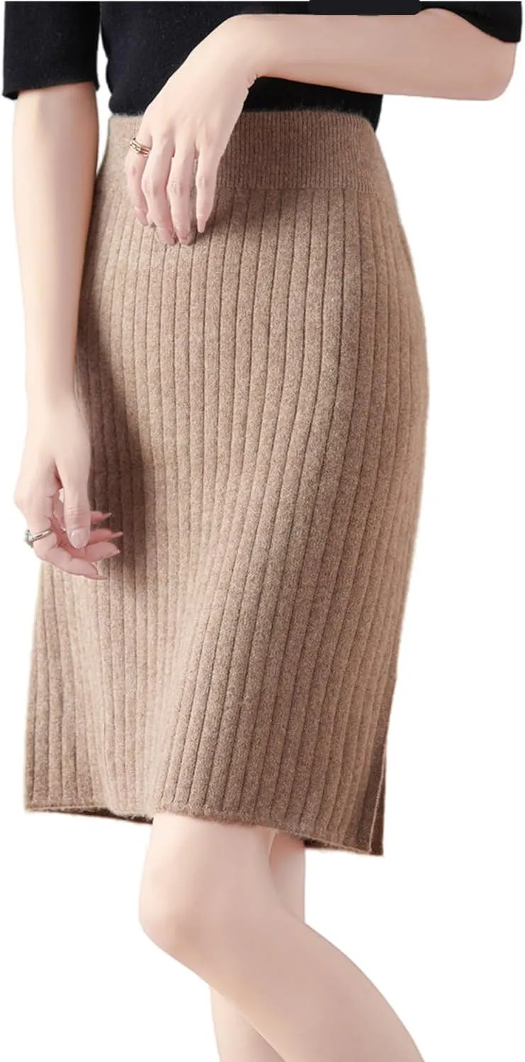 Short Skirt Women's Fall Winter 100% Merino Wool Knitted Skirt Girl's Ribbed Elastic Waist Split Skirts