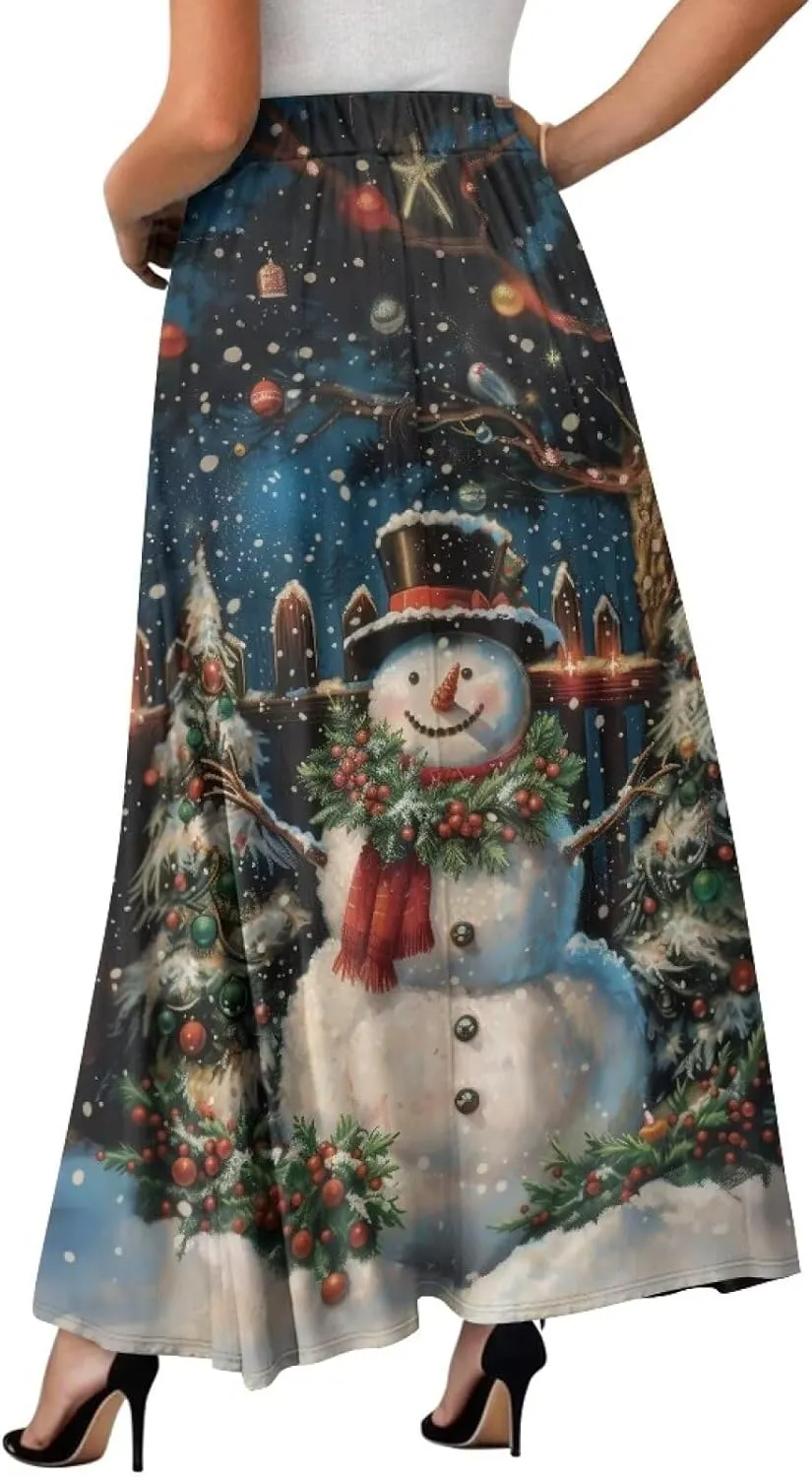 Skirt for Women Soft Elastic Waist Pleated Skirt A-Line Flared Maxi Skirts with Pockets Trendy Flowy Midi Skirt-2XL