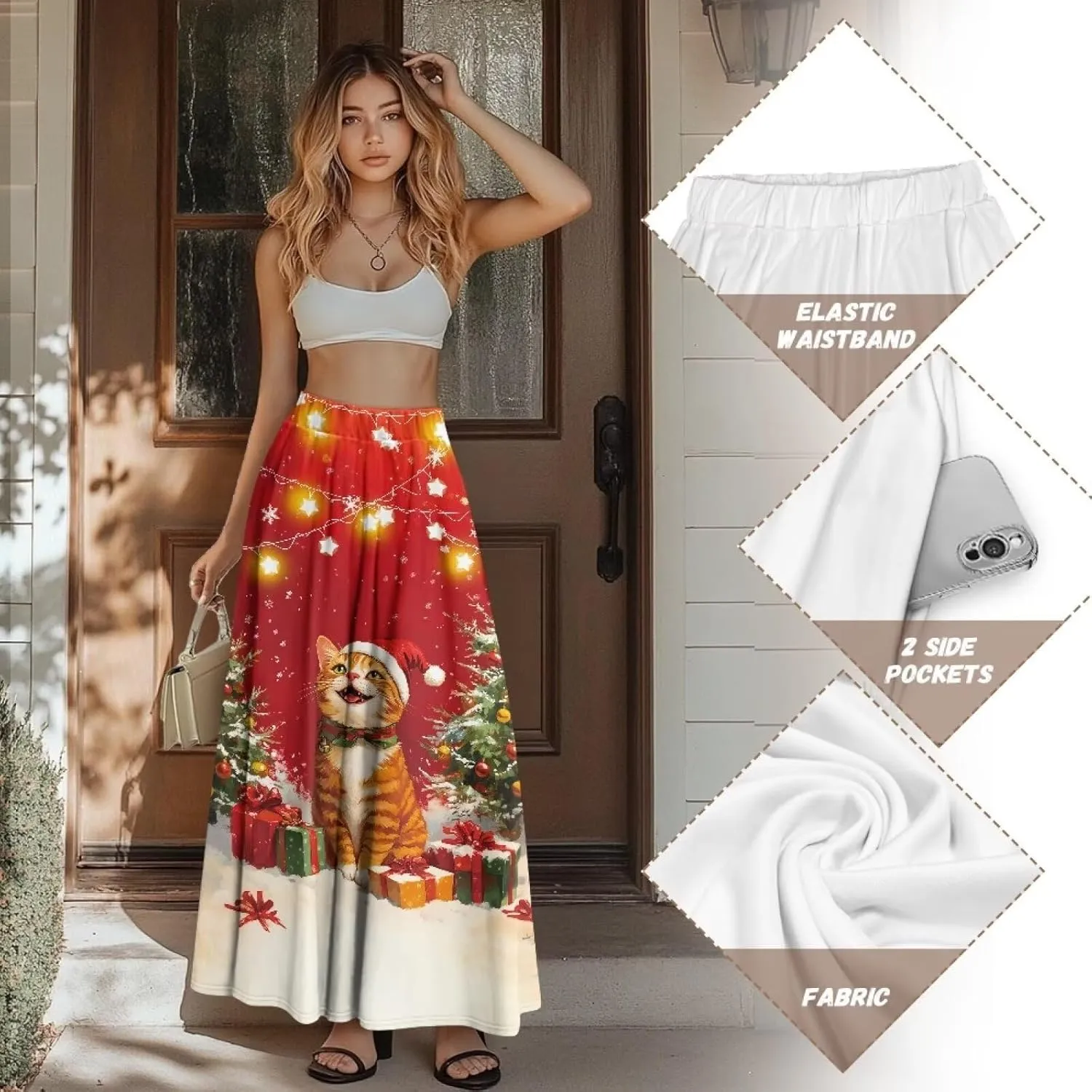 Skirt for Women Soft Elastic Waist Pleated Skirt A-Line Flared Maxi Skirts with Pockets Trendy Flowy Midi Skirt-2XL
