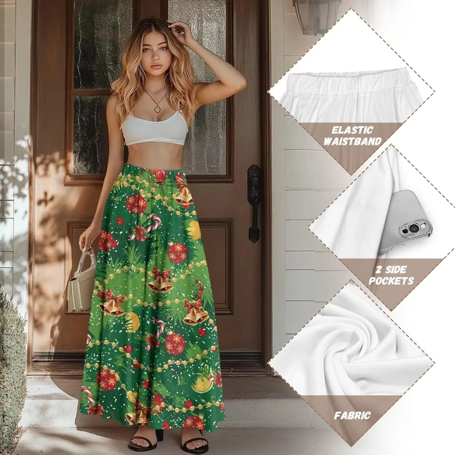 Skirt for Women Soft Elastic Waist Pleated Skirt A-Line Flared Maxi Skirts with Pockets Trendy Flowy Midi Skirt-2XL