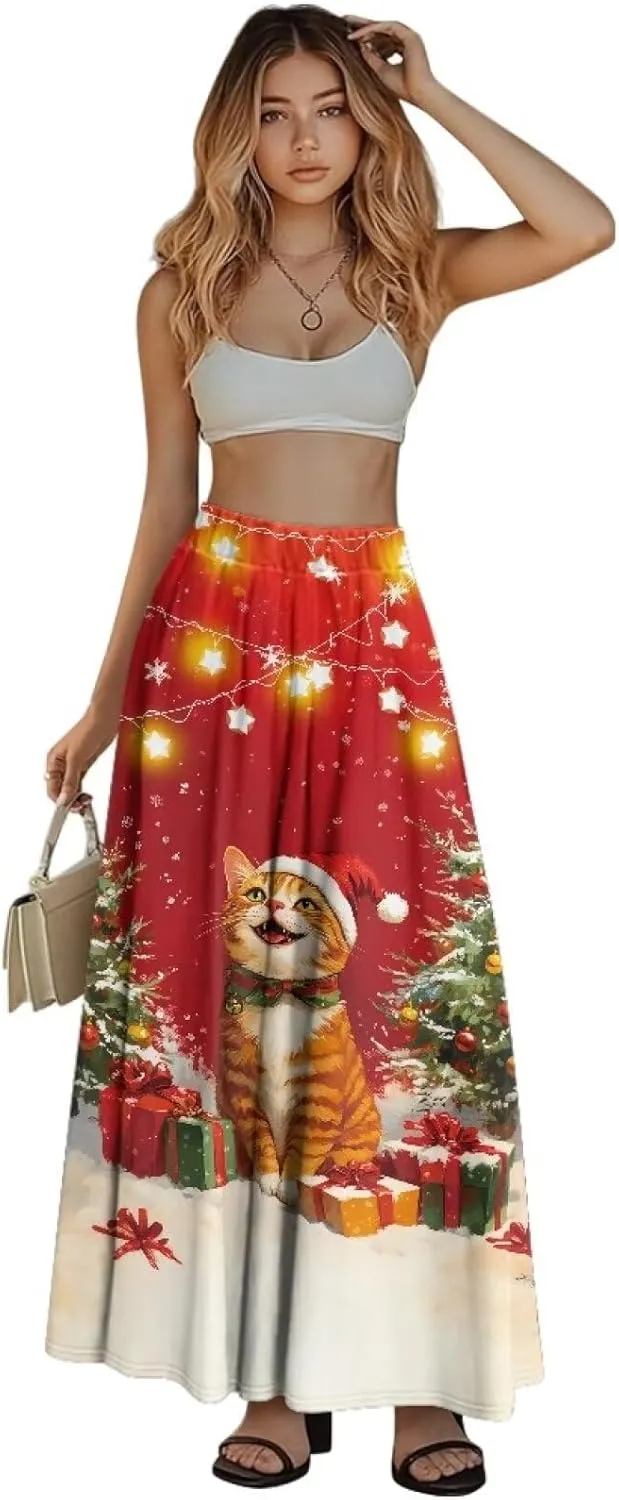 Skirt for Women Soft Elastic Waist Pleated Skirt A-Line Flared Maxi Skirts with Pockets Trendy Flowy Midi Skirt-2XL