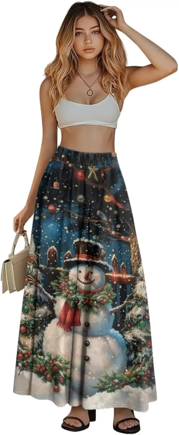 Skirt for Women Soft Elastic Waist Pleated Skirt A-Line Flared Maxi Skirts with Pockets Trendy Flowy Midi Skirt-2XL