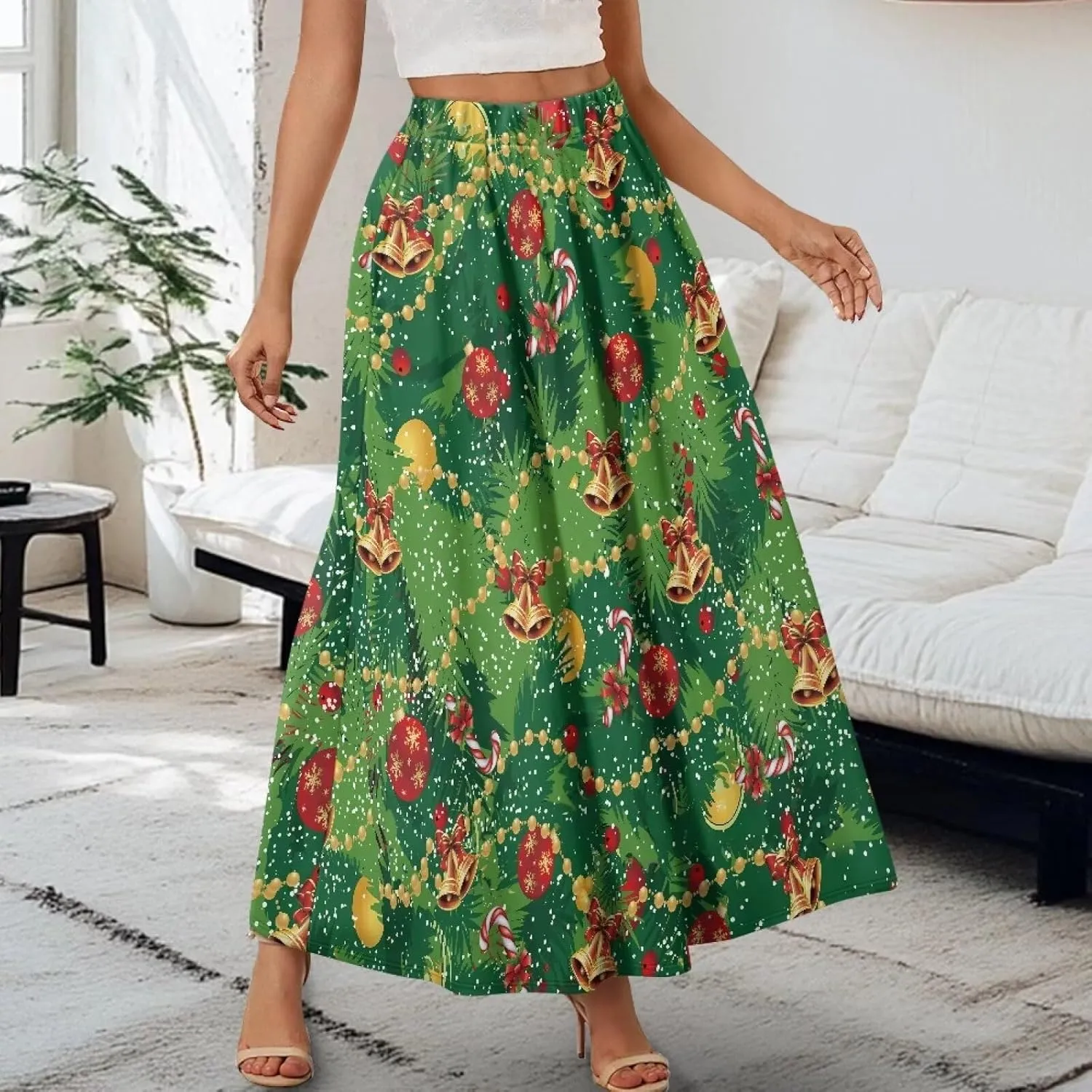 Skirt for Women Soft Elastic Waist Pleated Skirt A-Line Flared Maxi Skirts with Pockets Trendy Flowy Midi Skirt-2XL