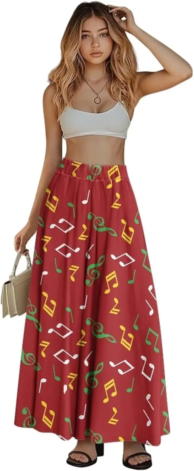 Skirt for Women Soft Elastic Waist Pleated Skirt A-Line Flared Maxi Skirts with Pockets Trendy Flowy Midi Skirt-2XL