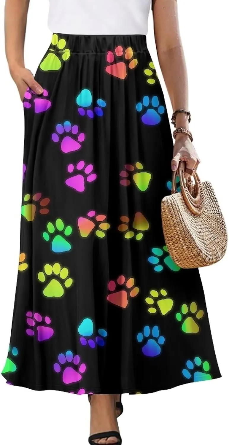 Skirt for Women Soft Elastic Waist Pleated Skirt A-Line Flared Maxi Skirts with Pockets Trendy Flowy Midi Skirt-2XL