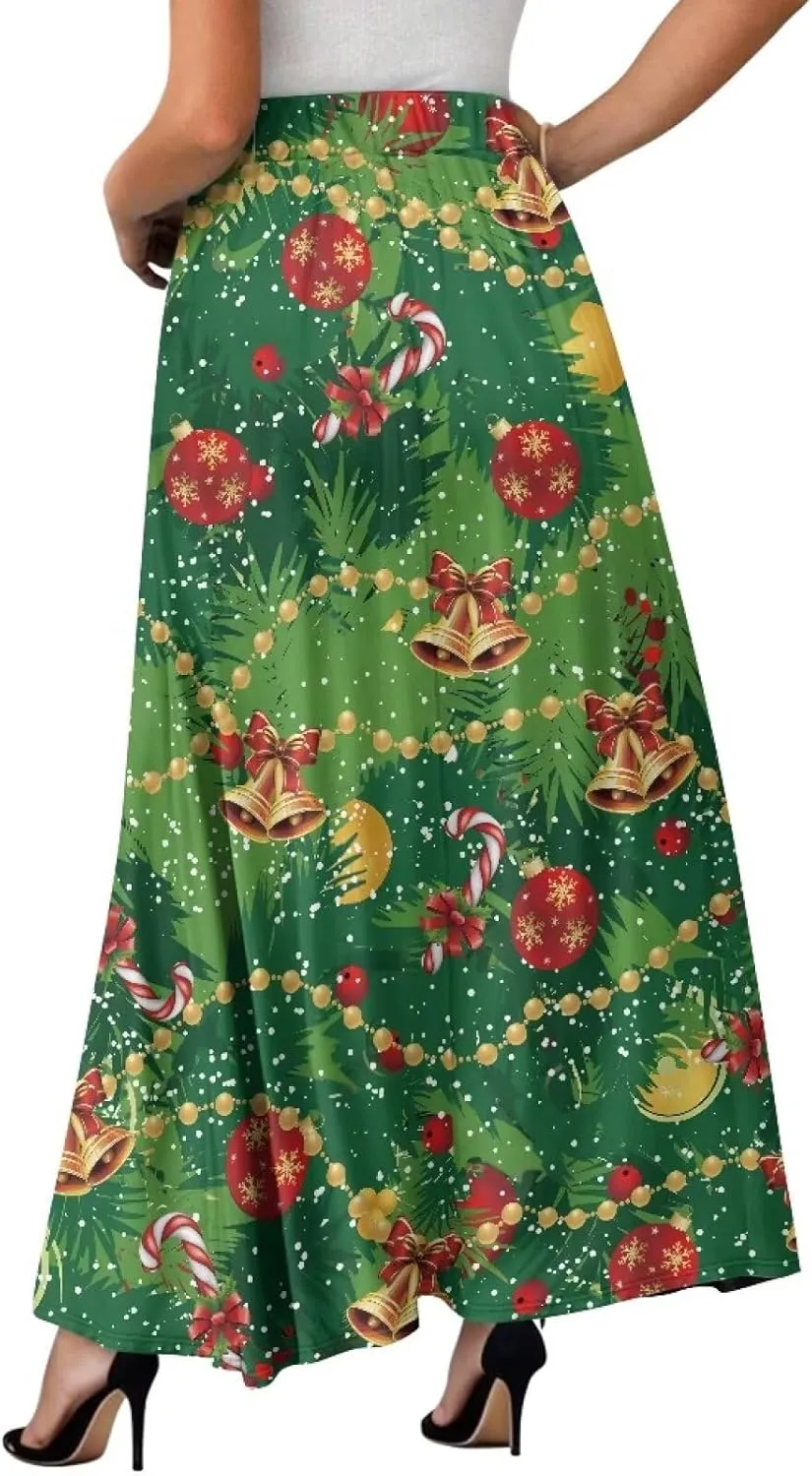 Skirt for Women Soft Elastic Waist Pleated Skirt A-Line Flared Maxi Skirts with Pockets Trendy Flowy Midi Skirt-2XL