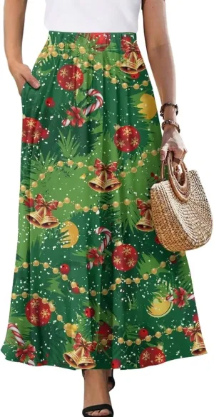 Skirt for Women Soft Elastic Waist Pleated Skirt A-Line Flared Maxi Skirts with Pockets Trendy Flowy Midi Skirt-2XL