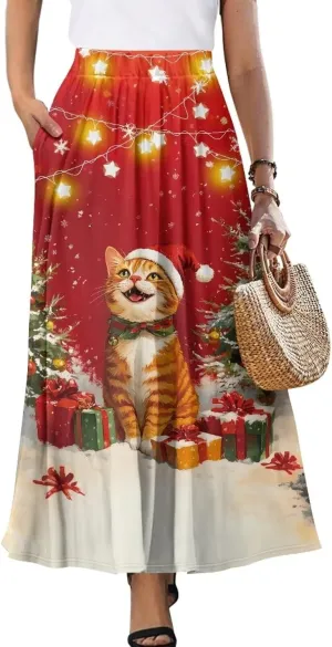 Skirt for Women Soft Elastic Waist Pleated Skirt A-Line Flared Maxi Skirts with Pockets Trendy Flowy Midi Skirt-2XL