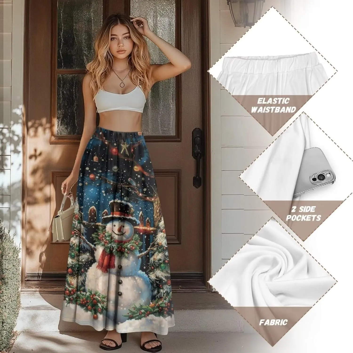 Skirt for Women Soft Elastic Waist Pleated Skirt A-Line Flared Maxi Skirts with Pockets Trendy Flowy Midi Skirt-2XL