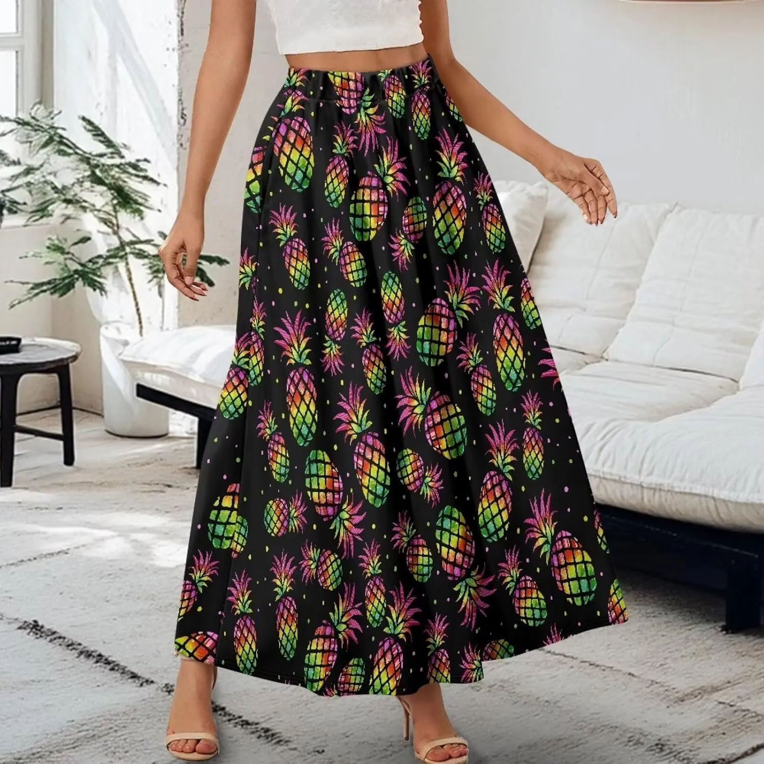 Skirt for Women Soft Elastic Waist Pleated Skirt A-Line Flared Maxi Skirts with Pockets Trendy Flowy Midi Skirt-2XL