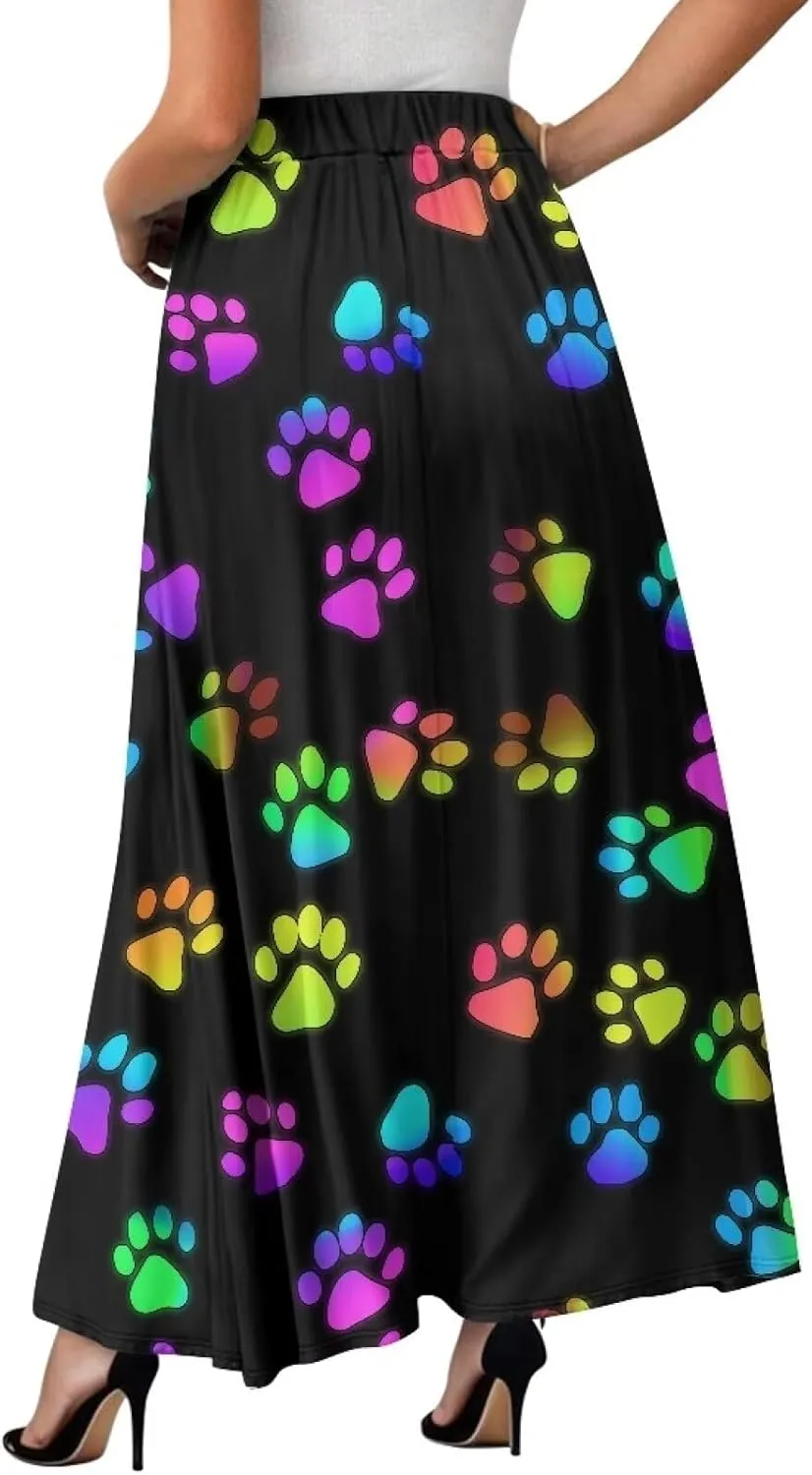 Skirt for Women Soft Elastic Waist Pleated Skirt A-Line Flared Maxi Skirts with Pockets Trendy Flowy Midi Skirt-2XL