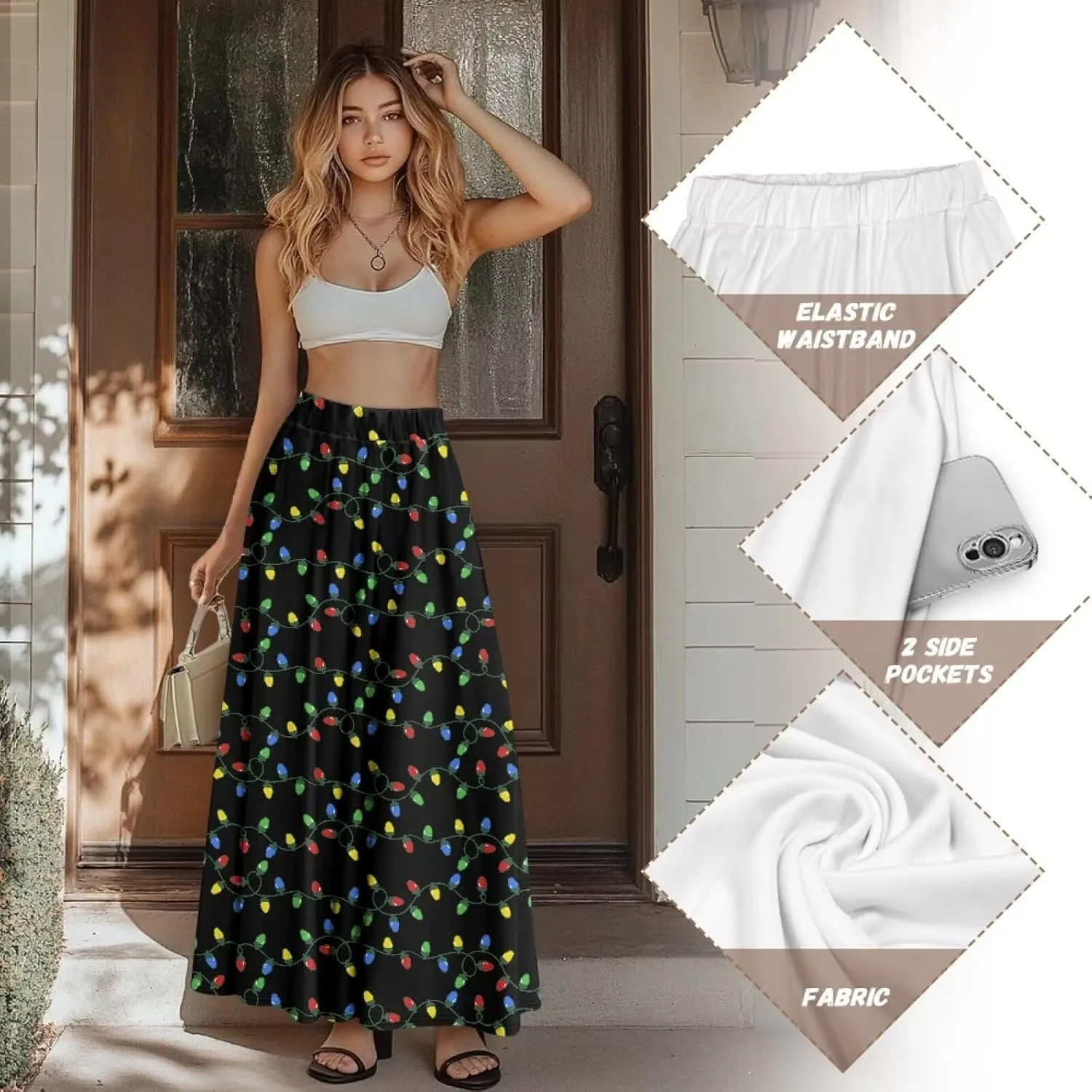 Skirt for Women Soft Elastic Waist Pleated Skirt A-Line Flared Maxi Skirts with Pockets Trendy Flowy Midi Skirt-2XL