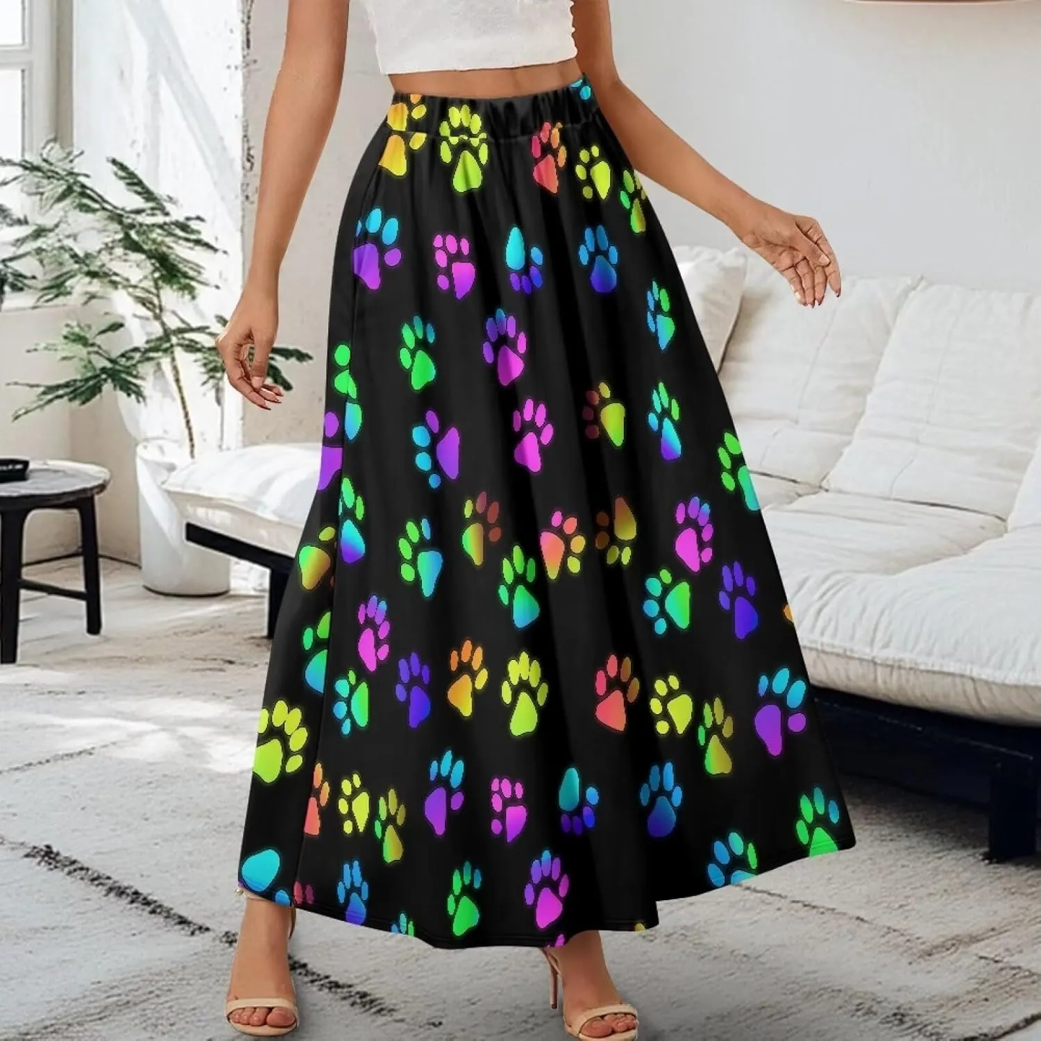 Skirt for Women Soft Elastic Waist Pleated Skirt A-Line Flared Maxi Skirts with Pockets Trendy Flowy Midi Skirt-2XL