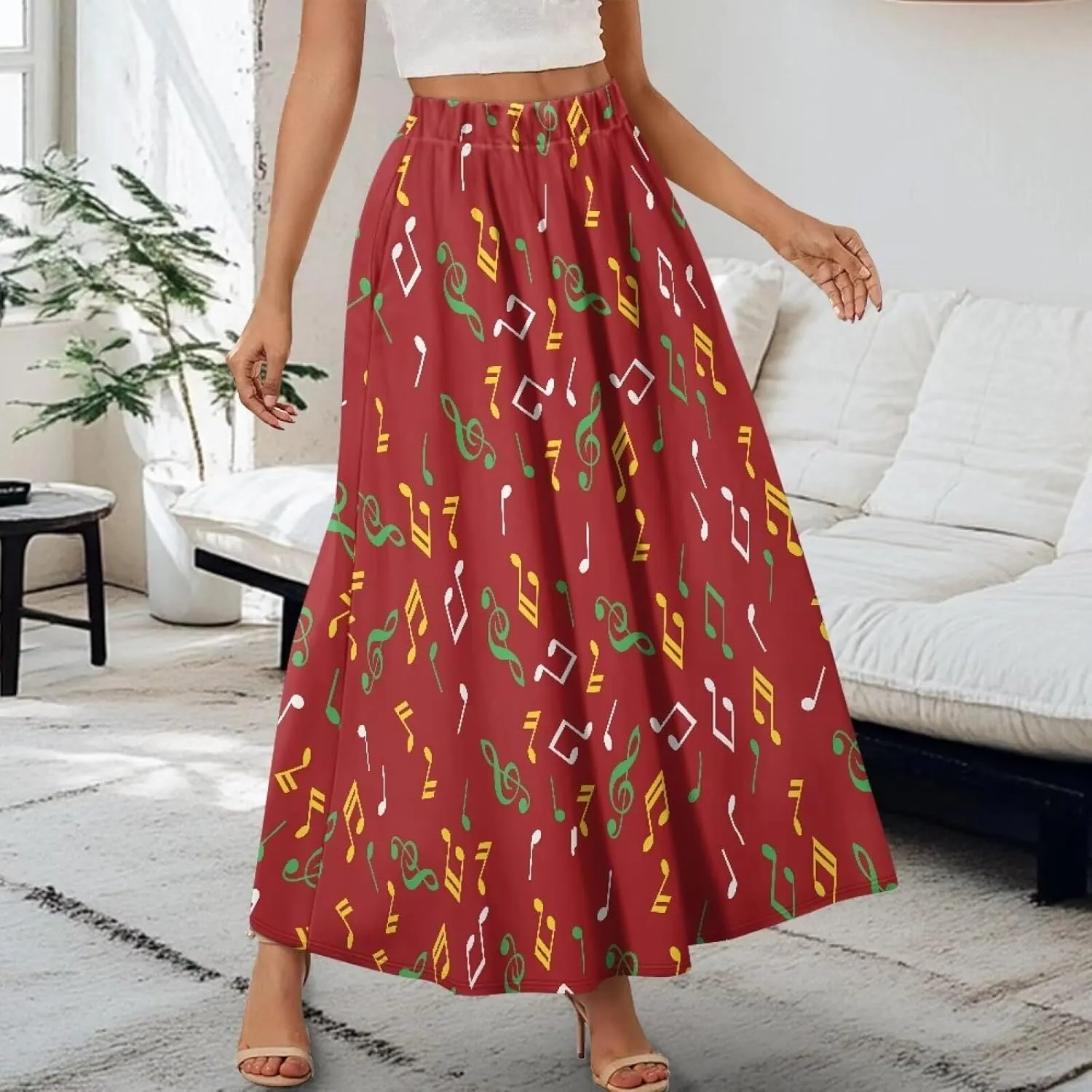 Skirt for Women Soft Elastic Waist Pleated Skirt A-Line Flared Maxi Skirts with Pockets Trendy Flowy Midi Skirt-2XL