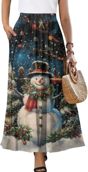 Skirt for Women Soft Elastic Waist Pleated Skirt A-Line Flared Maxi Skirts with Pockets Trendy Flowy Midi Skirt-2XL
