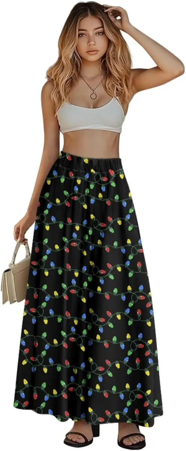 Skirt for Women Soft Elastic Waist Pleated Skirt A-Line Flared Maxi Skirts with Pockets Trendy Flowy Midi Skirt-2XL