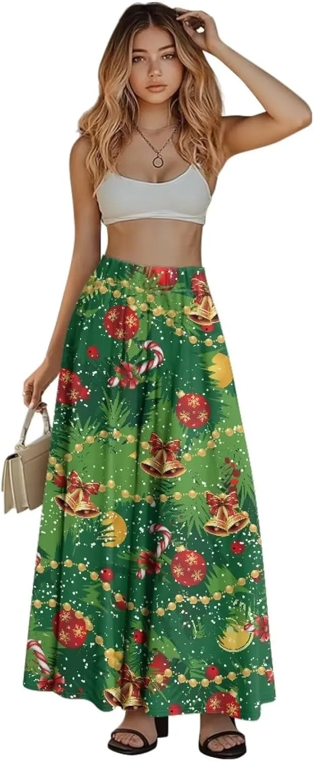 Skirt for Women Soft Elastic Waist Pleated Skirt A-Line Flared Maxi Skirts with Pockets Trendy Flowy Midi Skirt-2XL