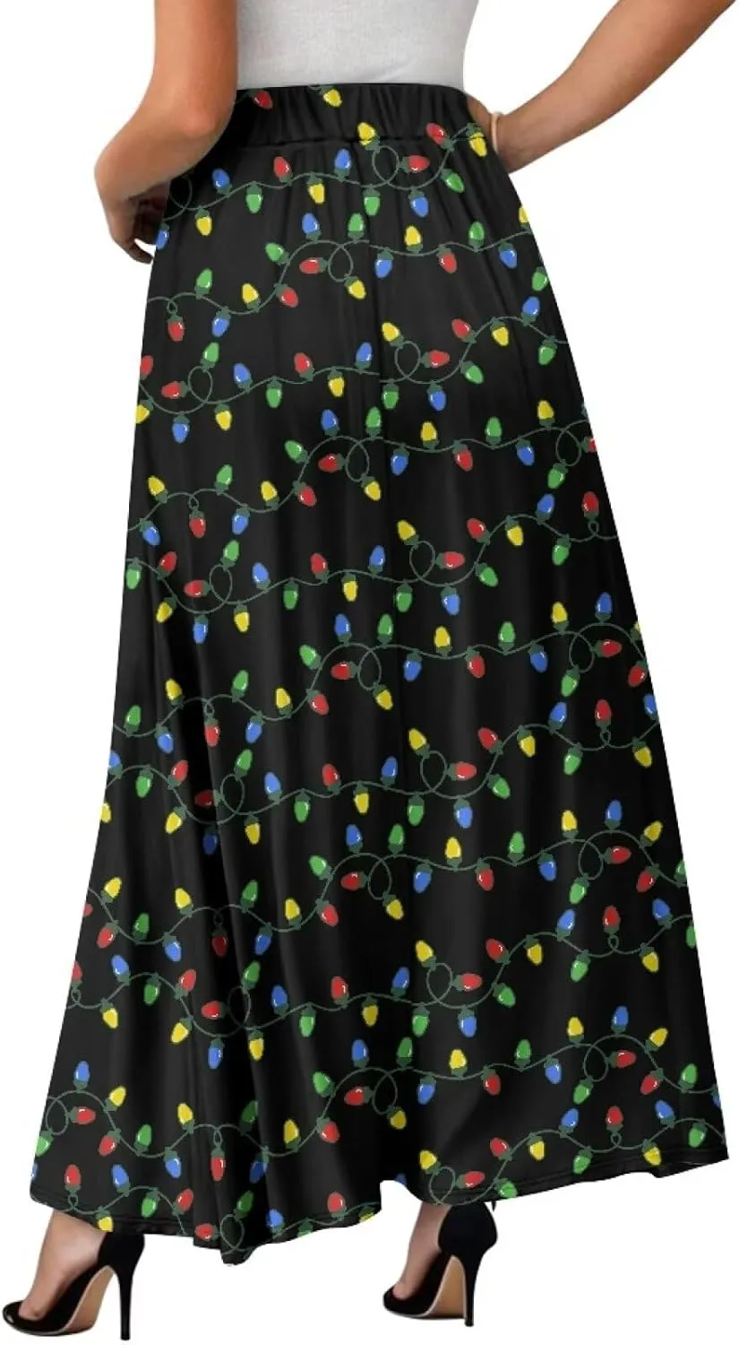 Skirt for Women Soft Elastic Waist Pleated Skirt A-Line Flared Maxi Skirts with Pockets Trendy Flowy Midi Skirt-2XL