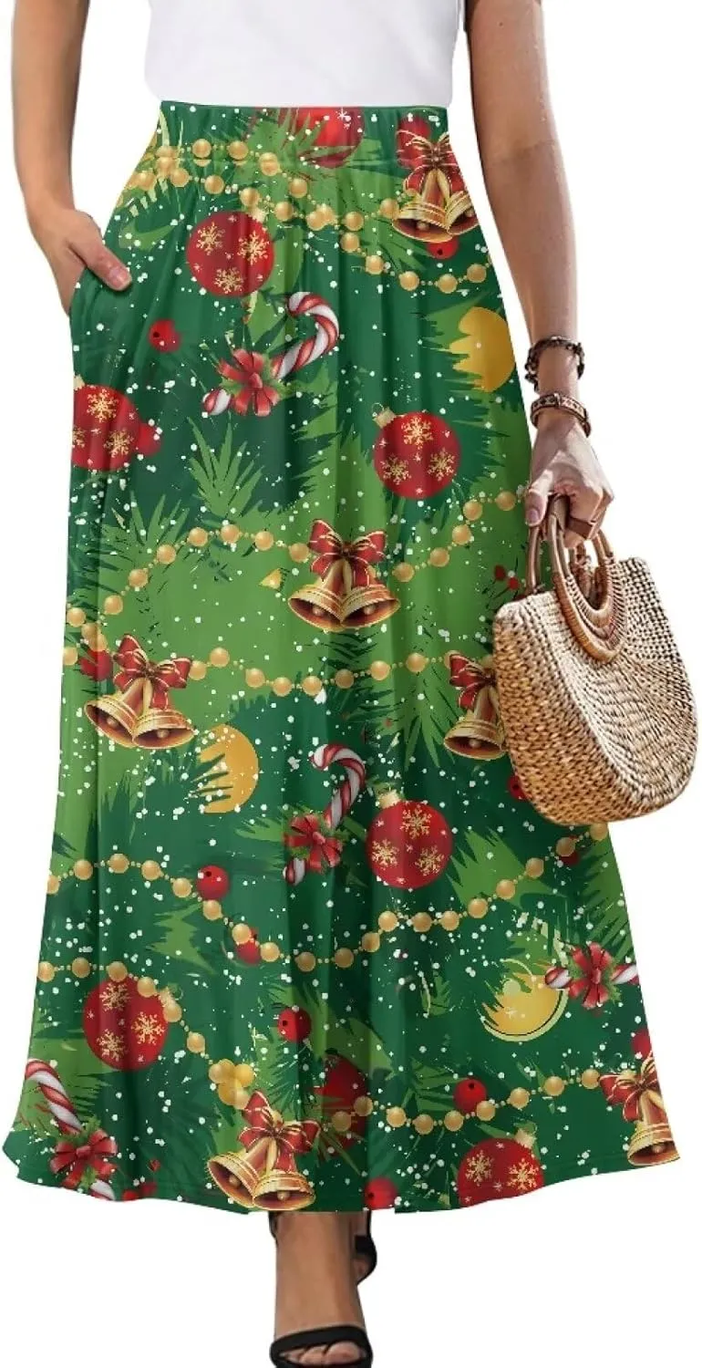 Skirt for Women Soft Elastic Waist Pleated Skirt A-Line Flared Maxi Skirts with Pockets Trendy Flowy Midi Skirt-2XL
