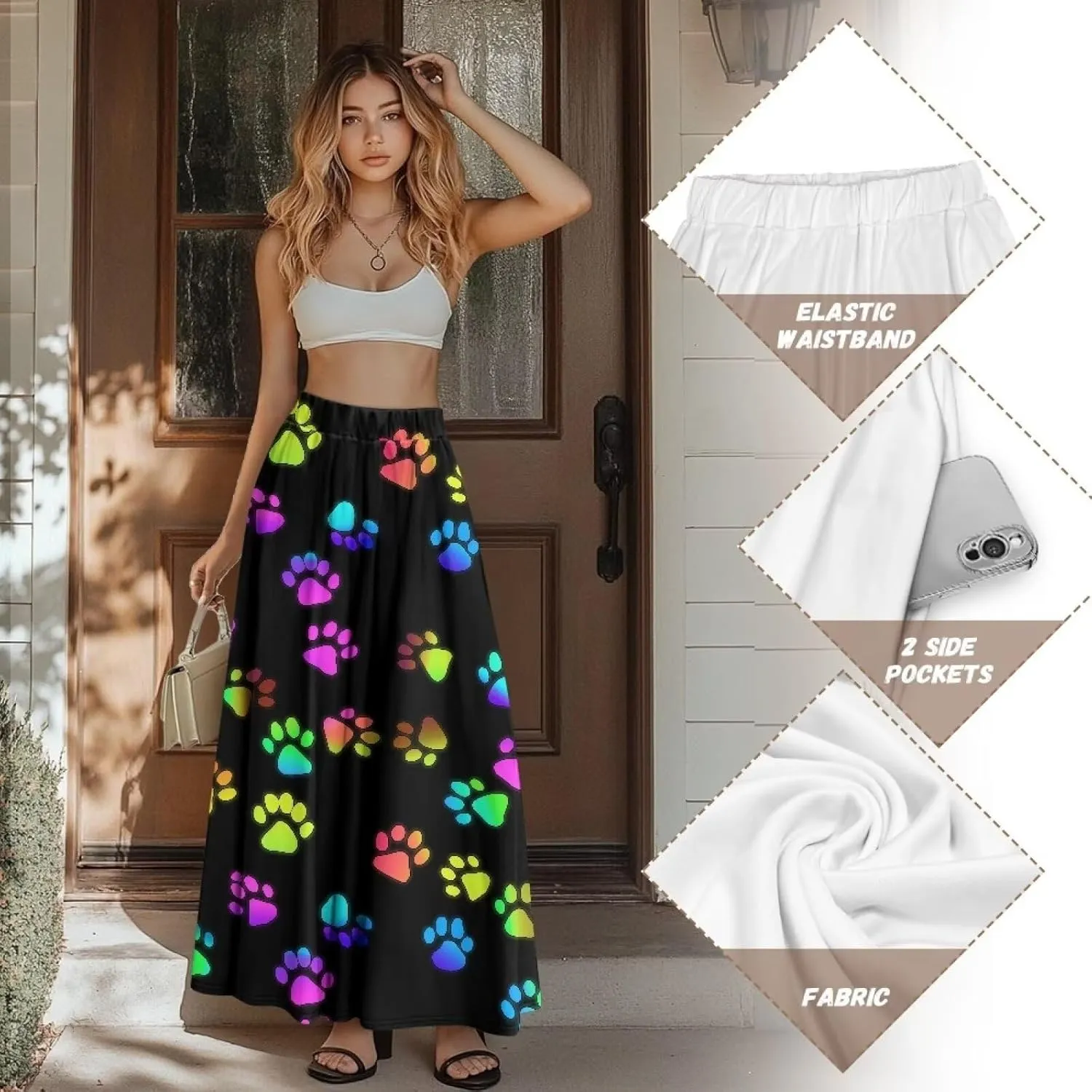 Skirt for Women Soft Elastic Waist Pleated Skirt A-Line Flared Maxi Skirts with Pockets Trendy Flowy Midi Skirt-2XL