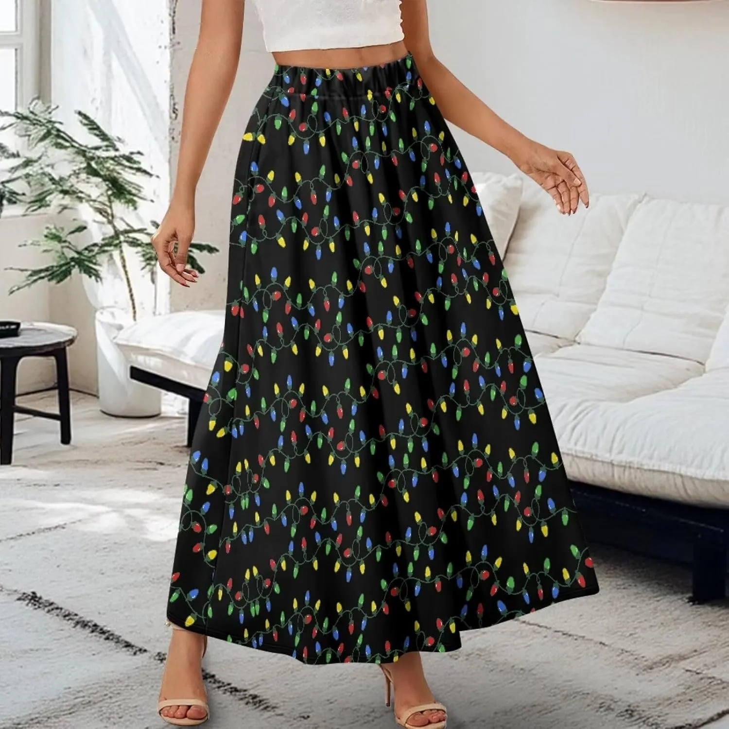 Skirt for Women Soft Elastic Waist Pleated Skirt A-Line Flared Maxi Skirts with Pockets Trendy Flowy Midi Skirt-2XL