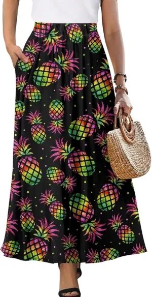 Skirt for Women Soft Elastic Waist Pleated Skirt A-Line Flared Maxi Skirts with Pockets Trendy Flowy Midi Skirt-2XL