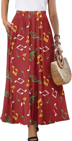 Skirt for Women Soft Elastic Waist Pleated Skirt A-Line Flared Maxi Skirts with Pockets Trendy Flowy Midi Skirt-2XL
