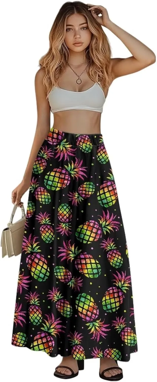Skirt for Women Soft Elastic Waist Pleated Skirt A-Line Flared Maxi Skirts with Pockets Trendy Flowy Midi Skirt-2XL
