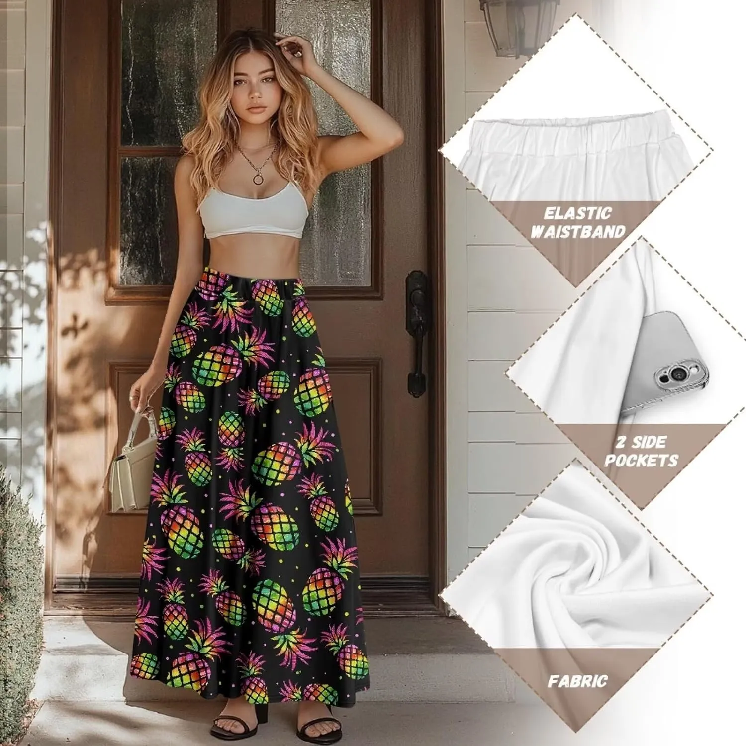 Skirt for Women Soft Elastic Waist Pleated Skirt A-Line Flared Maxi Skirts with Pockets Trendy Flowy Midi Skirt-2XL