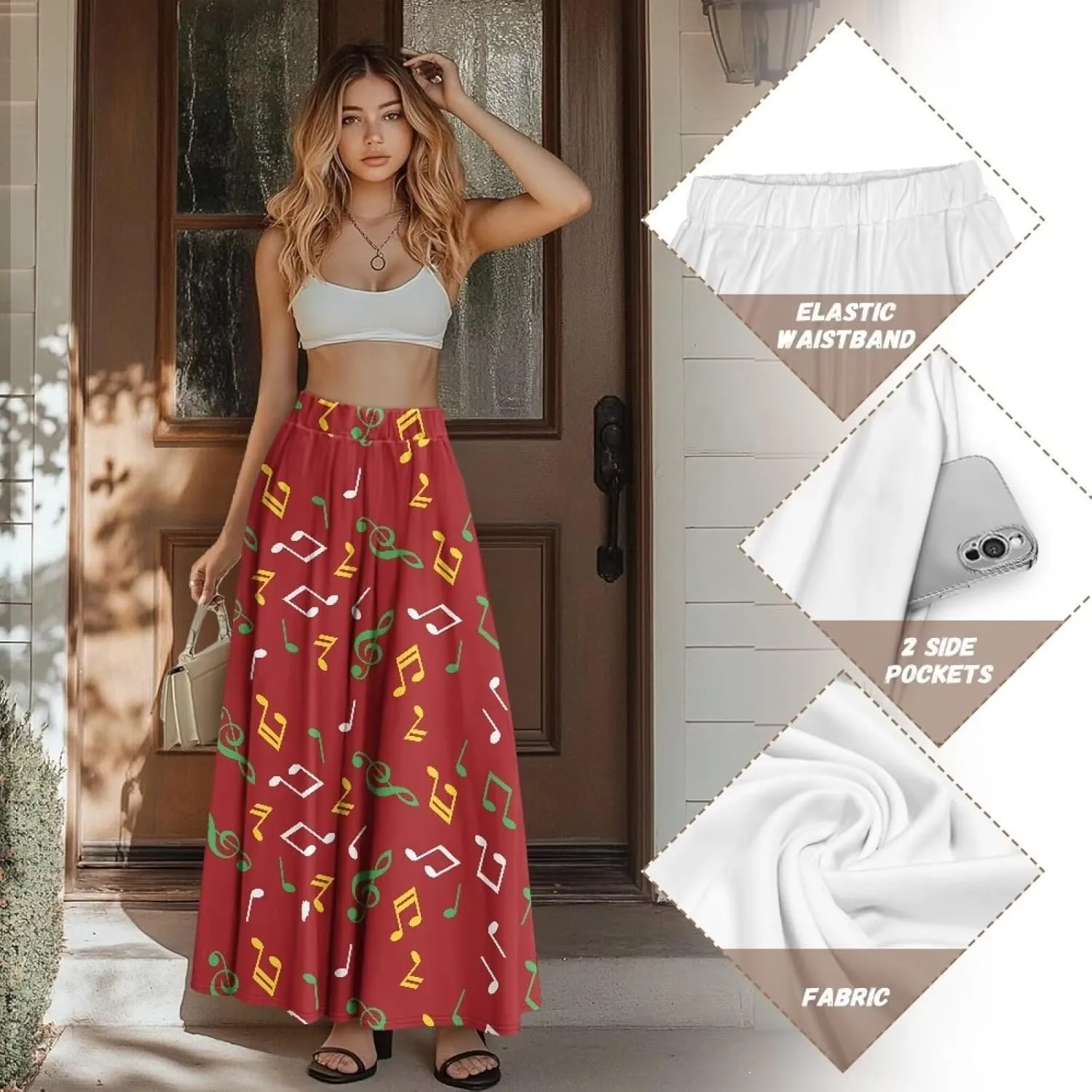 Skirt for Women Soft Elastic Waist Pleated Skirt A-Line Flared Maxi Skirts with Pockets Trendy Flowy Midi Skirt-2XL