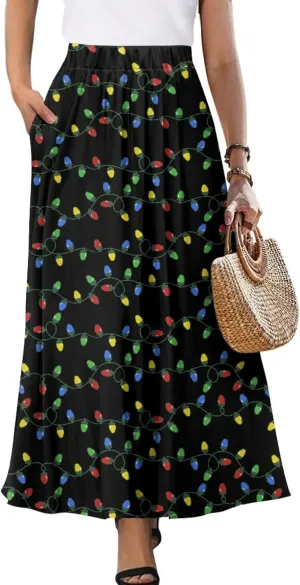 Skirt for Women Soft Elastic Waist Pleated Skirt A-Line Flared Maxi Skirts with Pockets Trendy Flowy Midi Skirt-2XL
