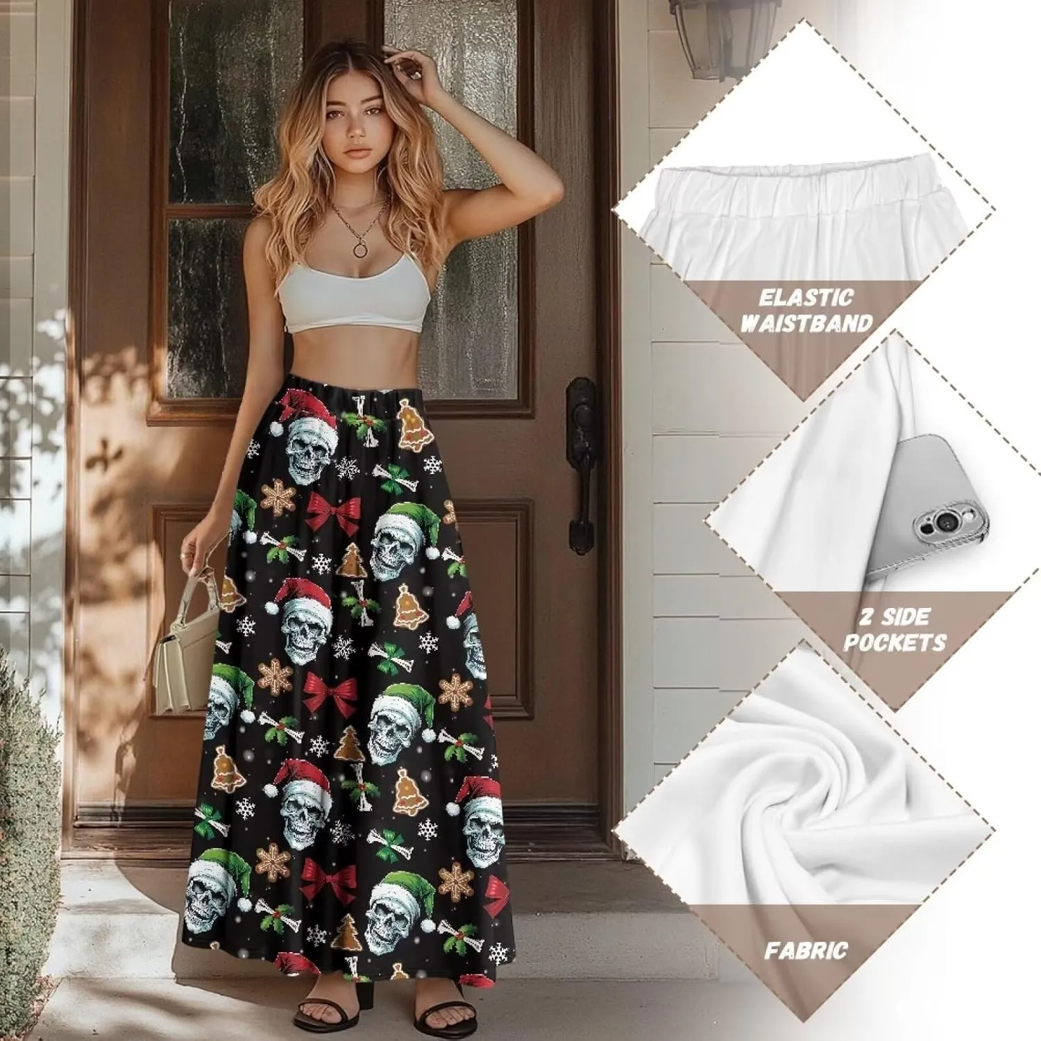 Skirts for Women Casual Loose Pleated Skirt Elastic High Waist Soft A Line Ankle Length Skirt with Pockets S-2XL