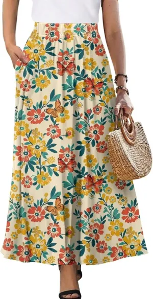 Skirts for Women Casual Loose Pleated Skirt Elastic High Waist Soft A Line Ankle Length Skirt with Pockets S-2XL