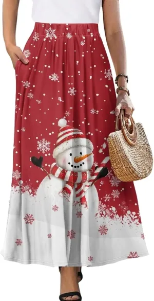Skirts for Women Casual Loose Pleated Skirt Elastic High Waist Soft A Line Ankle Length Skirt with Pockets S-2XL