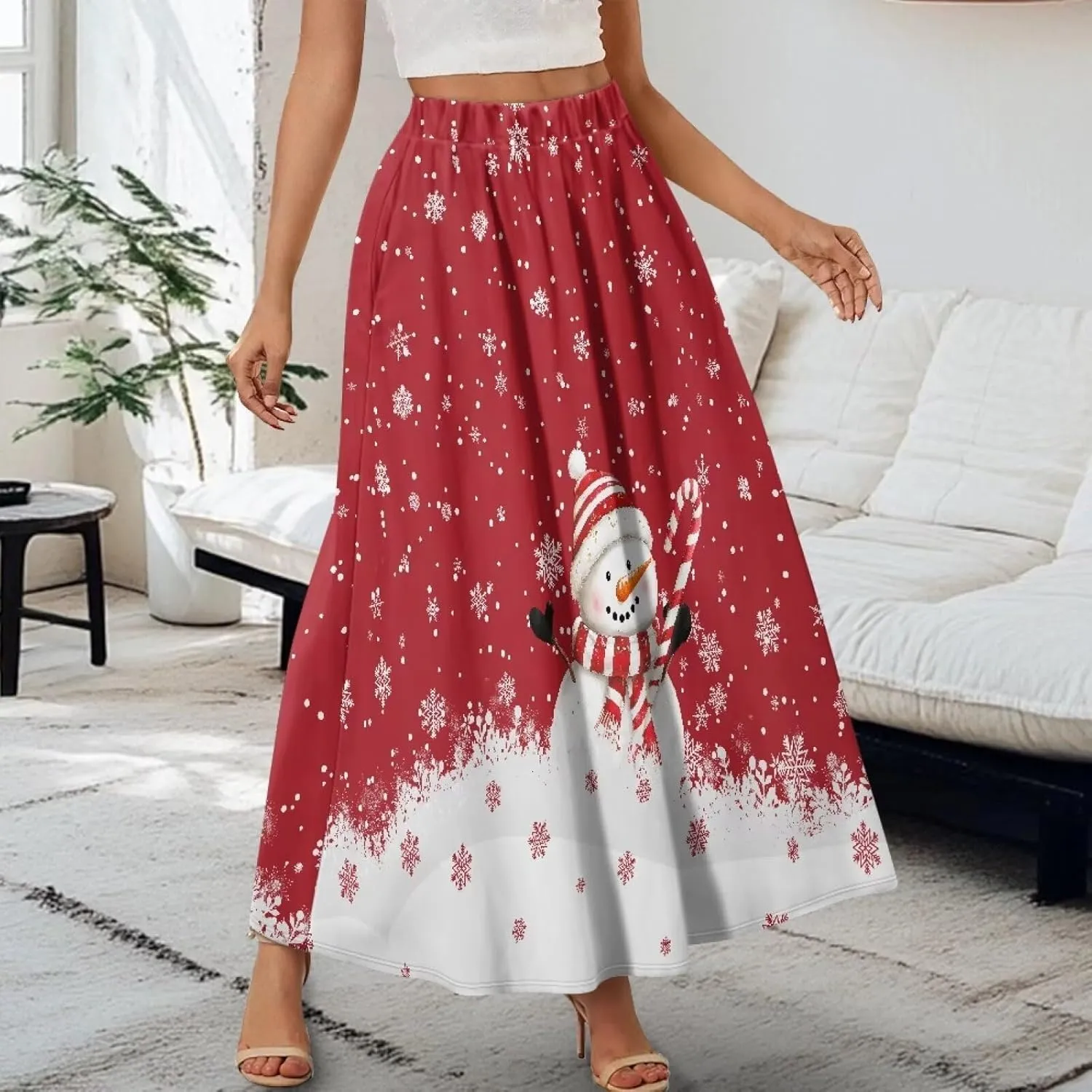 Skirts for Women Casual Loose Pleated Skirt Elastic High Waist Soft A Line Ankle Length Skirt with Pockets S-2XL