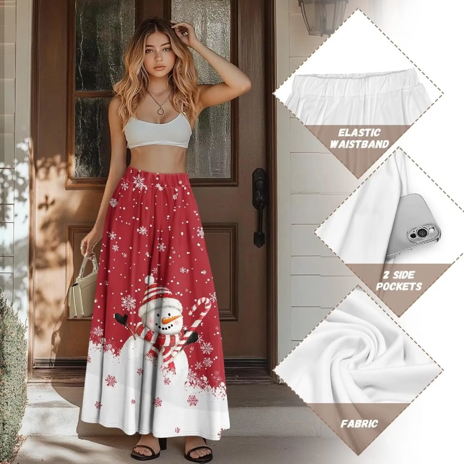 Skirts for Women Casual Loose Pleated Skirt Elastic High Waist Soft A Line Ankle Length Skirt with Pockets S-2XL