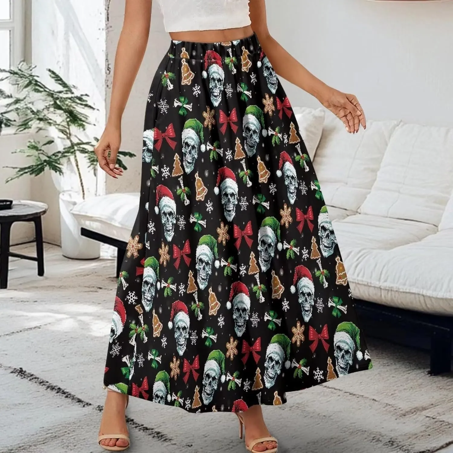 Skirts for Women Casual Loose Pleated Skirt Elastic High Waist Soft A Line Ankle Length Skirt with Pockets S-2XL