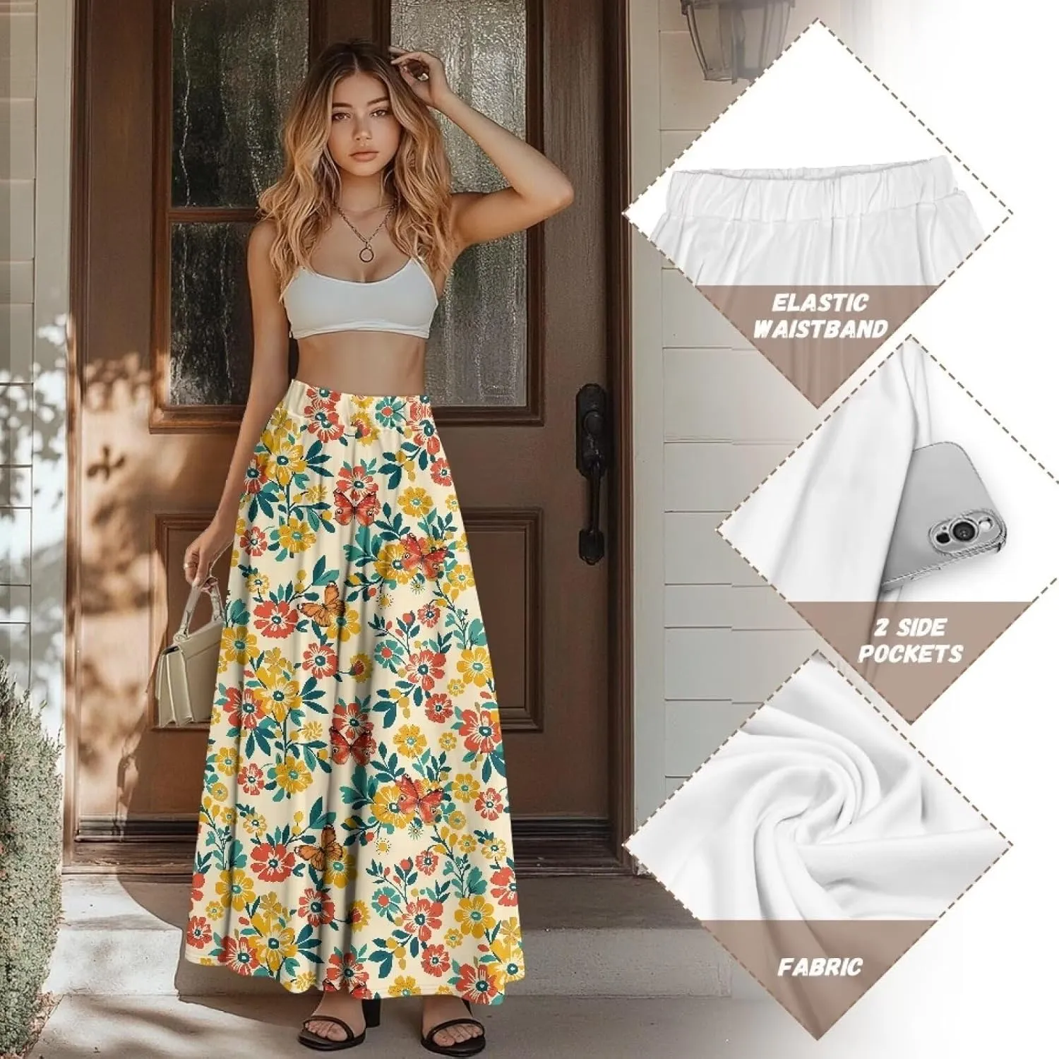 Skirts for Women Casual Loose Pleated Skirt Elastic High Waist Soft A Line Ankle Length Skirt with Pockets S-2XL