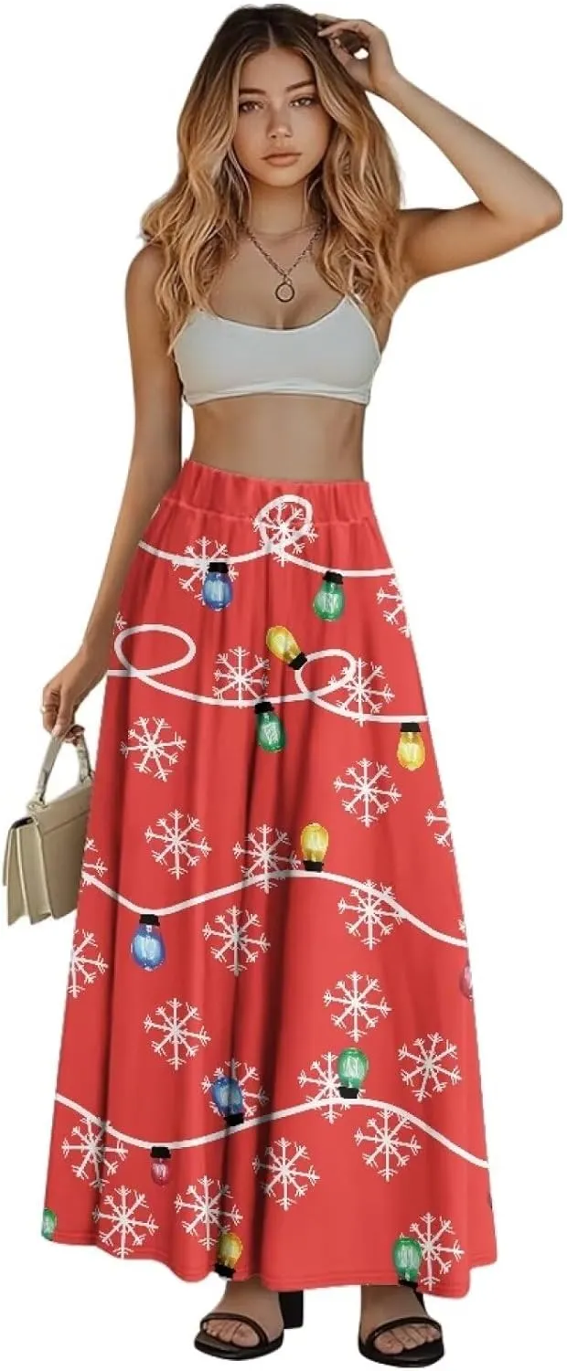 Skirts for Women Casual Loose Pleated Skirt Elastic High Waist Soft A Line Ankle Length Skirt with Pockets S-2XL