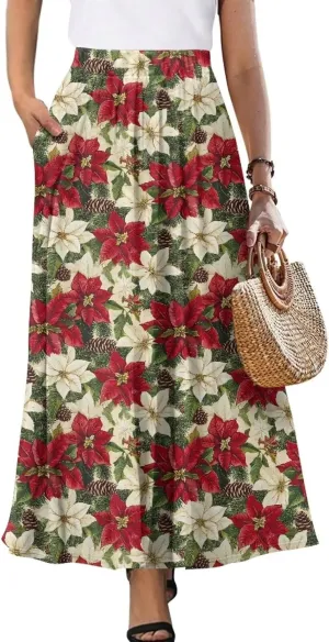Skirts for Women Casual Loose Pleated Skirt Elastic High Waist Soft A Line Ankle Length Skirt with Pockets S-2XL