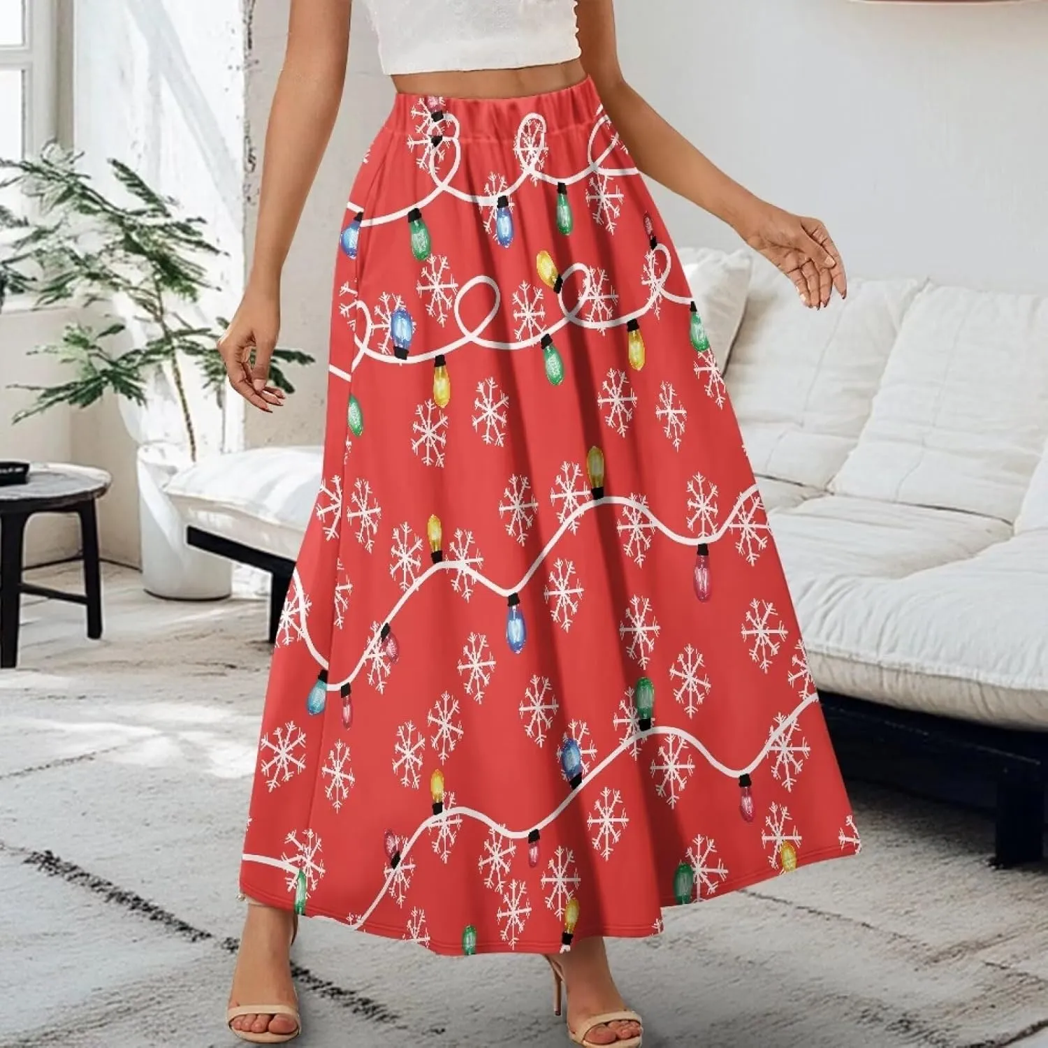 Skirts for Women Casual Loose Pleated Skirt Elastic High Waist Soft A Line Ankle Length Skirt with Pockets S-2XL