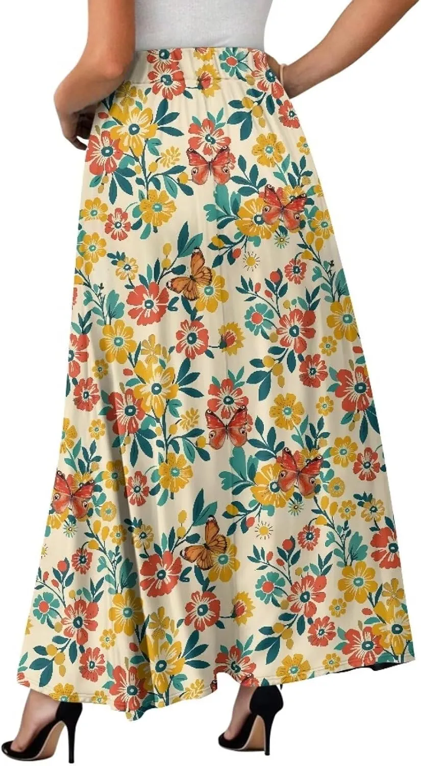 Skirts for Women Casual Loose Pleated Skirt Elastic High Waist Soft A Line Ankle Length Skirt with Pockets S-2XL