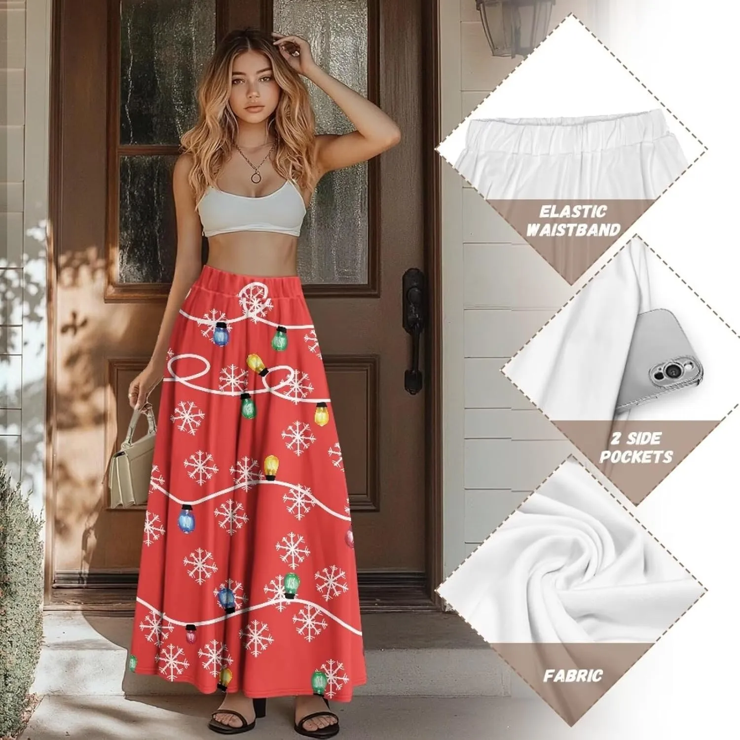 Skirts for Women Casual Loose Pleated Skirt Elastic High Waist Soft A Line Ankle Length Skirt with Pockets S-2XL