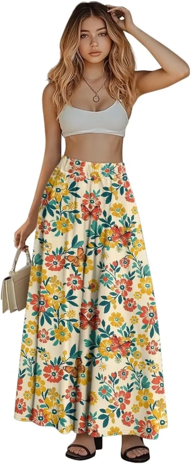Skirts for Women Casual Loose Pleated Skirt Elastic High Waist Soft A Line Ankle Length Skirt with Pockets S-2XL